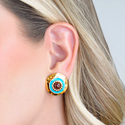 Brinco Semijoia Boho Redondo Azul Dourado Pri Acessórios