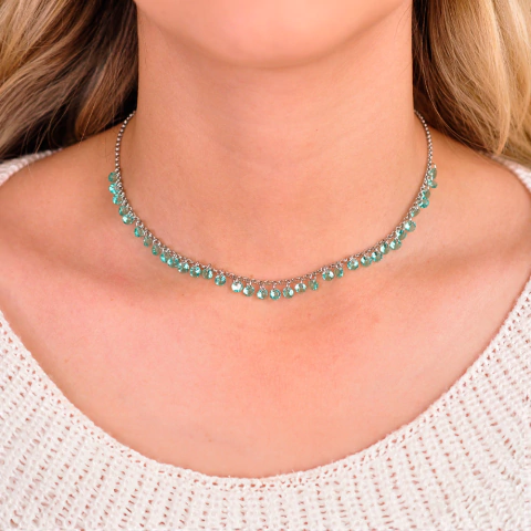 Choker Semijoia Cristal Verde Ródio