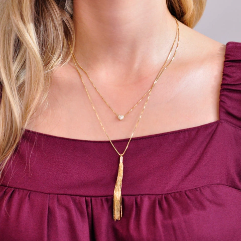 Colar Semijoia Duplo Coração Franja Dourado