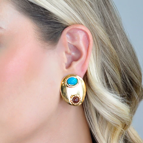 Brinco Semijoia Boho Botão Oval Azul Dourado Pri Acessórios