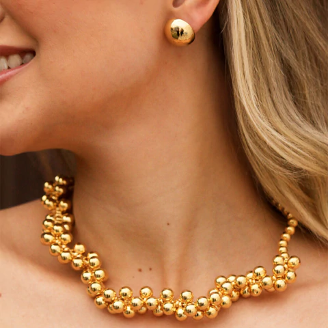 Conjunto Semijoia Dunas Esferas Dourado Pri Acessórios