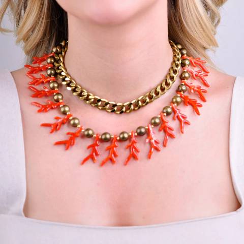 Colar Bijuteria Lara Coral Duplo Corrente Dourado