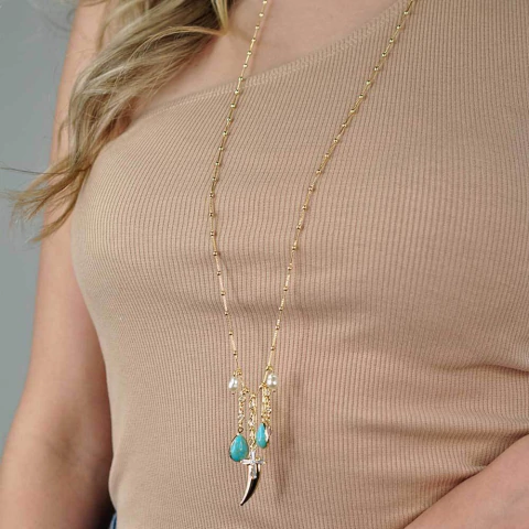 Colar Semijoia Dunas Longo Mix Pingentes Dourado Pri Acessórios