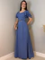 Vestido Longo Feminino Premium Azul Claro em Viscose Sarjada Forrado com Cinto e Manga Dupla Elegante
