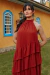 VESTIDO DE FESTA LONGO GOLA ALTA COM DECOTE NAS COSTAS TERRACOTA - loja online