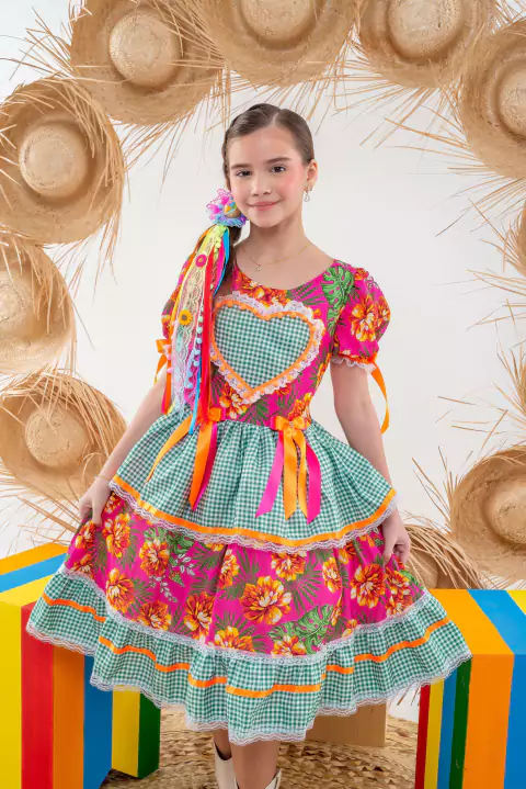 Vestido Xodó Verde e Rosa