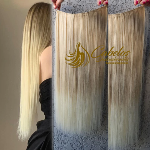 Promoção 2 Apliques Fio Invisível Liso Loiro Claro Champanhe - Fibra Tradicional - comprar online