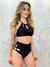 Conjunto Preto Sutiã Decote Alto Recorte Flor + Calcinha Hot Pant com Argola e Recorte Flor
