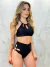 Conjunto Preto Sutiã Decote Alto Recorte Flor + Calcinha Hot Pant com Argola e Recorte Flor