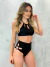 Conjunto Preto Sutiã Decote Alto Recorte Flor + Calcinha Hot Pant com Argola e Recorte Flor - Angorá