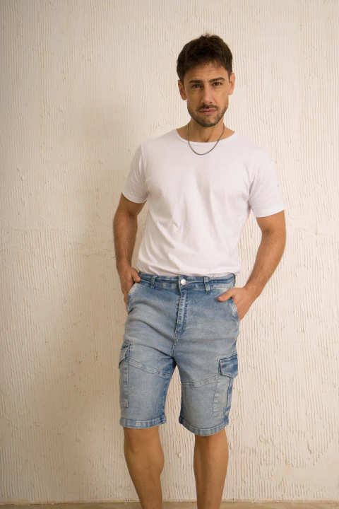 Bermuda Jean Relax Cargo Celeste - comprar online