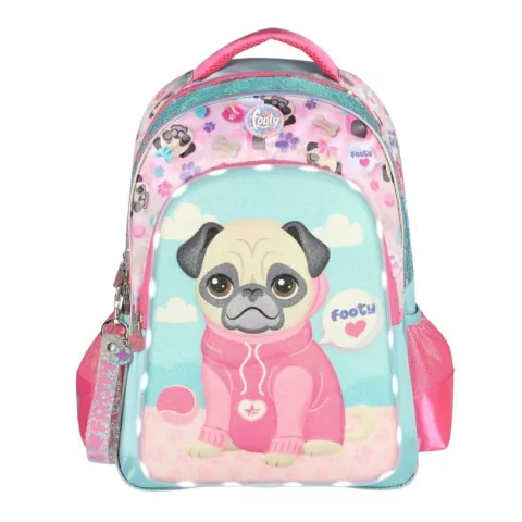 MOCHILA ROSA-CELESTE FOOTY PERRO LUZ LED 3 CIERRES 18 PULGADAS 45X35X20CM (BTS) (F2193B)