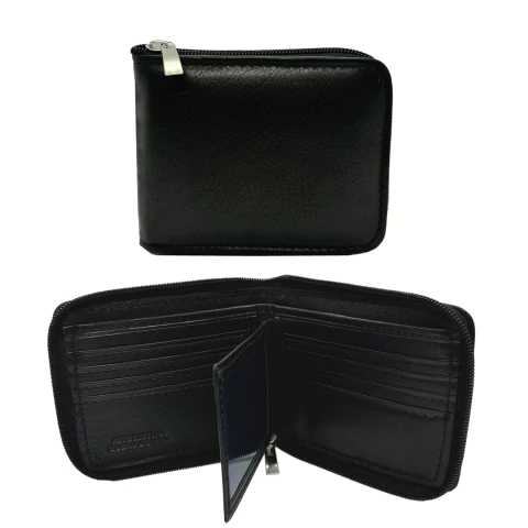 BILLETERA DE CUERO VACUNO PREMIUM CON VOLANTE Y CIERRE 11X9X3CM COLOR NEGRO PRECIO UNITARIO (JL915A)