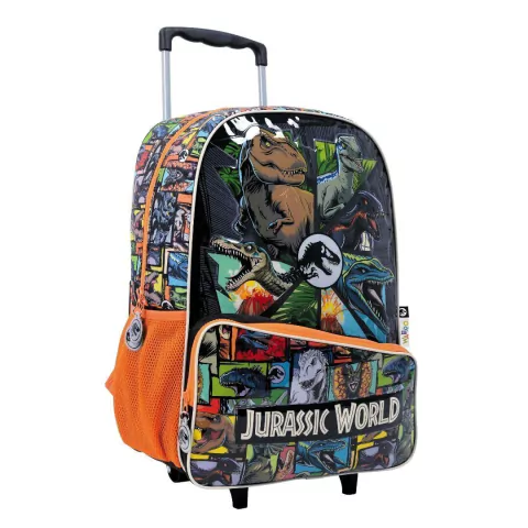 MOCHILA WABRO CARRO JURASSIC WORLD 18 PULGADAS 2 CIERRES 45X35X18CM BASE NARANJA PRECIO UNITARIO (BT (77117B)