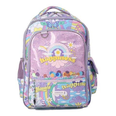 MOCHILA BASE LILA CHIMOLA HAPPINESS 4 CIERRES 17 PULGADAS 40X31X17CM (BTS) (TR79)