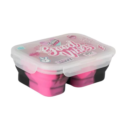 TUPPER FOOTY DE SILICONA 2 COMPARTIMIENTOS GOOD VIBES 21X14X14CM CON TENEDOR/CUCHARA COLOR BLANCO (B (TS206B)