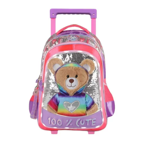 MOCHILA FOOTY CARRO OSO 4 CIERRES LUZ LED 18 PULGADAS 45X35X15CM COLOR FUCSIA-VIOLETA (BTS) (F2131B)