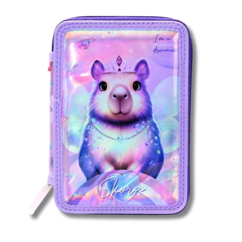 CARTUCHERA DE DOS PISOS SKORA THINK HAPPY 2 CIERRES 20X14X4CM ESTAMPA CAPIBARA COLOR VIOLETA (42139) - comprar online