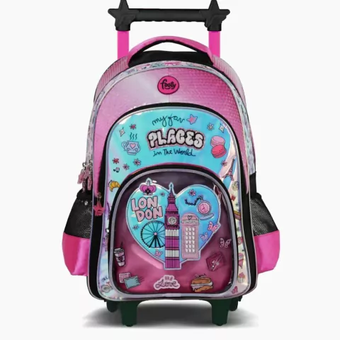 MOCHILA FOOTY CARRO LONDRES 4 CIERRES 18 PULGADAS LUZ LED 48X35X22CM COLOR NEGRO-FUCSIA (BTS) (F6311A)