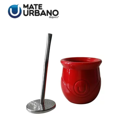 MATE CLAASICO CON BOMBILLA SACAYERBA DE ACERO INOXIDABLE COLOR ROJO (2001B)