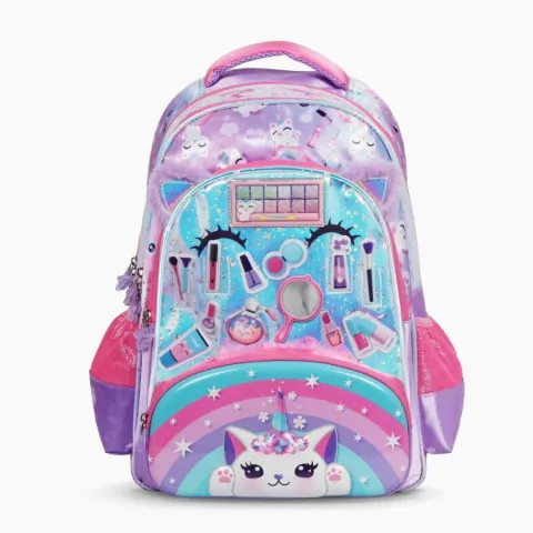 MOCHILA FOOTY ESPALDA GATO 4 CIERRES LUZ LED 18 PULGADAS 45X35X20CM COLOR FUCSIA-LILA (BTS) (F6333A)