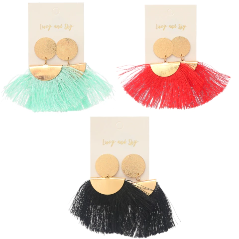 SET X3 PARES DE AROS LARGOS PASANTES DE FANTASIA CON FLECOS DE HILO EN COLORES SURTIDOS - MEDIDA:6.5 (21371)