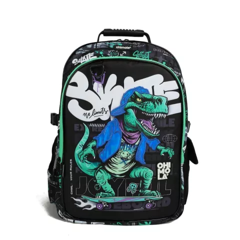 MOCHILA NEGRA CHIMOLA DINOSAURIO 3 CIERRES 18 PULGADAS 44X33X15CM (BTS) (BT97)