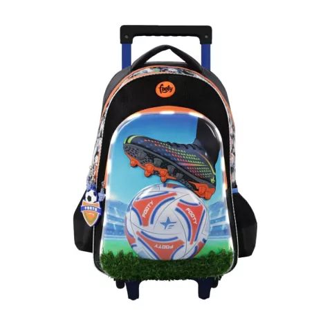 MOCHILA FOOTY CARRO PELOTA 18 PULGADAS 3 CIERRES 47X35X15CM LUZ LED COLOR NEGRO-NARANJA (BTS) (F5361A)