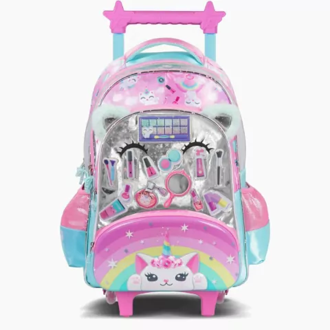 MOCHILA FOOTY CARRO GATO 4 CIERRES LUZ LED 18 PULGADAS 48X35X20CM COLOR ROSA-TURQUESA (BTS) (F6331B)