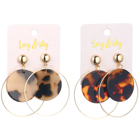 SET X2 PARES DE AROS LARGOS PASANTES DE CAREY Y FANTASIA EN COLORES SURTIDOS - MEDIDA:5CM (23977B)