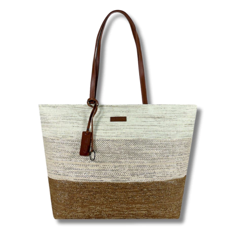 BOLSO PLAYERO TRENDY DE RAFIA CON BRILLOS 35X50X14CM COLOR MARRON (28085B)