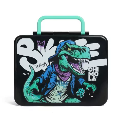 LUNCHERA NEGRA CON CUBIERTOS CHIMOLA DINOSAURIO 22X17CM (BTS) (BT135)