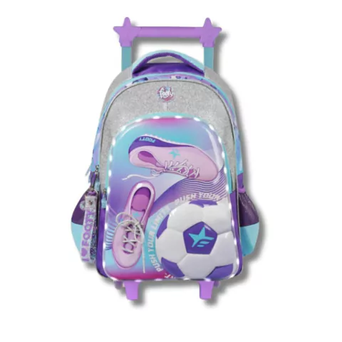 MOCHILA FOOTY CARRO FUTBOL FEM 18 PULGADAS 45X35X15 LUZ LED COLOR CELESTE - LILA (BTS) (F6291B)
