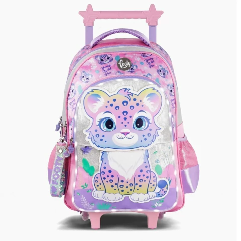 MOCHILA FOOTY CARRO LEOPARDO 3 CIERRES 18 PULGADAS 48X35X20 LUZ LED COLOR FUCSIA (BTS) (F6351A)