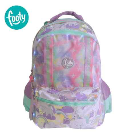 MOCHILA DE ESPALDA TORNASOLADA UNICORNIO CON LUCES LED FOOTY 18 PULGADAS 32X44X18CM BASE VERDE AGUA (F1973B)