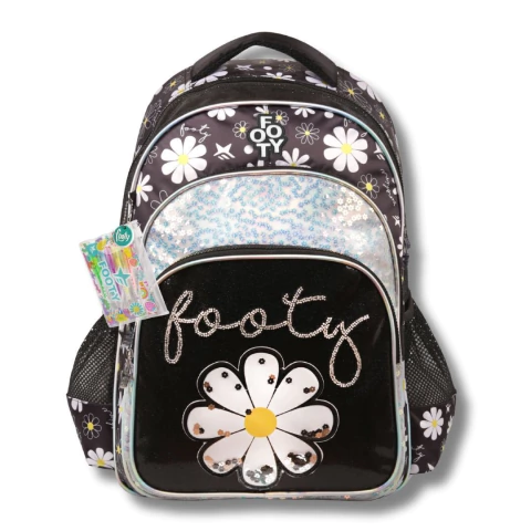 MOCHILA FOOTY FLORES 4 CIERRES - 5 LAPICERAS INCLUIDAS - 18 PULGADAS 48X35X16 COLOR NEGRO (F26393A) - comprar online