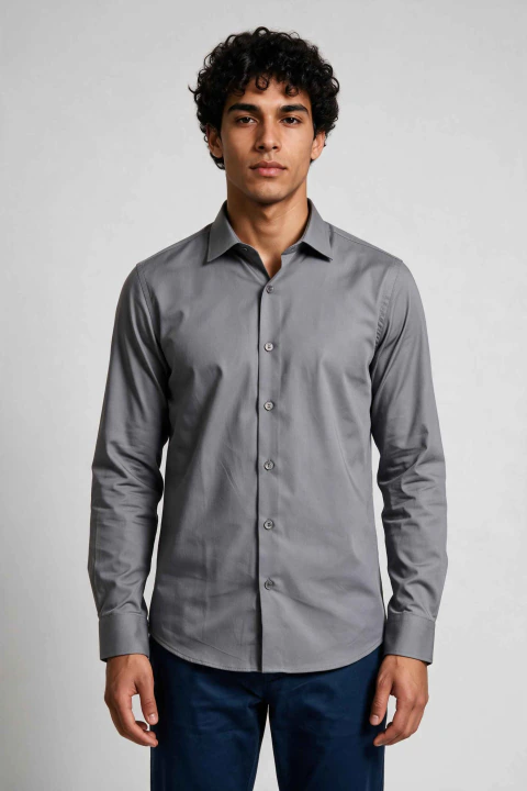 Camisa Social Masculina Slim Fit Manga Longa Polialgodão – Cinza Escuro