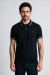 Camisa Polo Masculina Preta Listras Vermelhas e Brancas