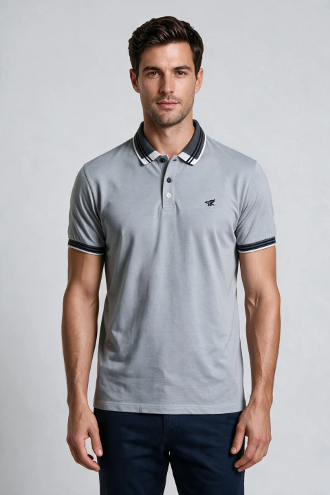 Camisa Polo Masculina Cinza Prata Gola Preta Manga Curta