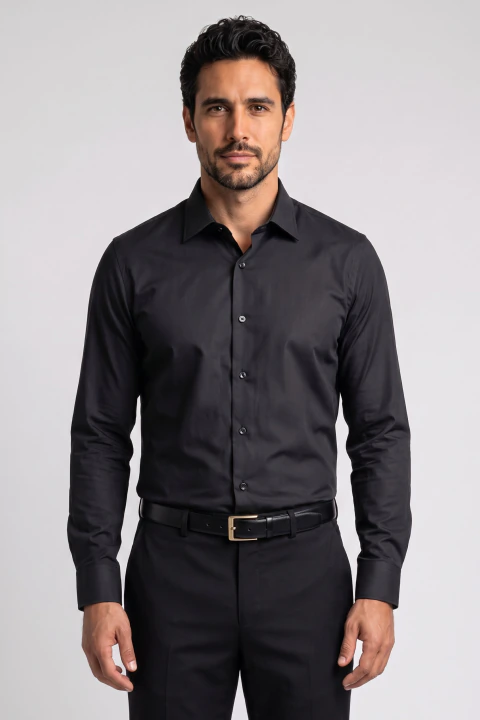 Camisa Social Masculina Slim Fit Microtexturizada Com Elastano – Preta