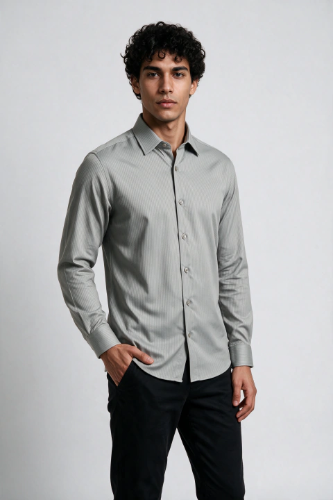 Camisa Social Slim Bambu Stretch Cinza - 3/4