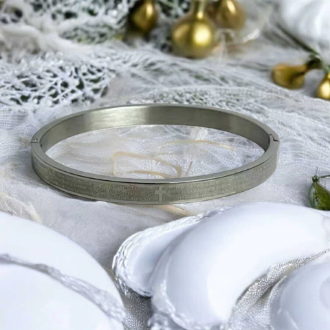 Bracelete Aço Inox 316L Prateado Oração Pai Nosso Completo Pequeno - comprar online