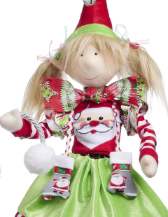 Muñeca duenda de 70 cm, con falda verde y patines de hielo, decorada con motivos navideños.