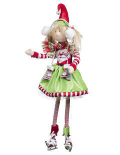 Muñeca duenda de 70 cm, con falda verde y patines de hielo, decorada con motivos navideños.