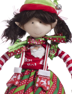 Muñeca duende Funny con falda blanca estampada y gorro verde, mostrando un diseño navideño colorido.