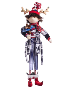 Muñeco de duende decorativo con bata blanca y gris, portando un peluche de osito en brazos, vestido con un gorro de Navidad y pantalones de rayas.