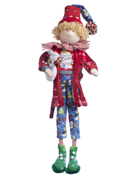Muñeco duende decorativo navideño con bata roja y azul, sosteniendo con un peluche de muñeco de nieve, 70 cm de altura.