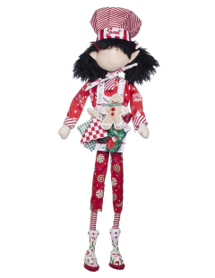 Muñeca Duenda Chef "Sweet" de 70 cm vestida con un traje colorido de repostería, adornada con galletas de jengibre y detalles navideños.