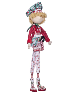Muñeco de duende chef llamado "Sugar", vistiendo un gorro y un delantal decorado, con un diseño festivo en rojo y blanco.