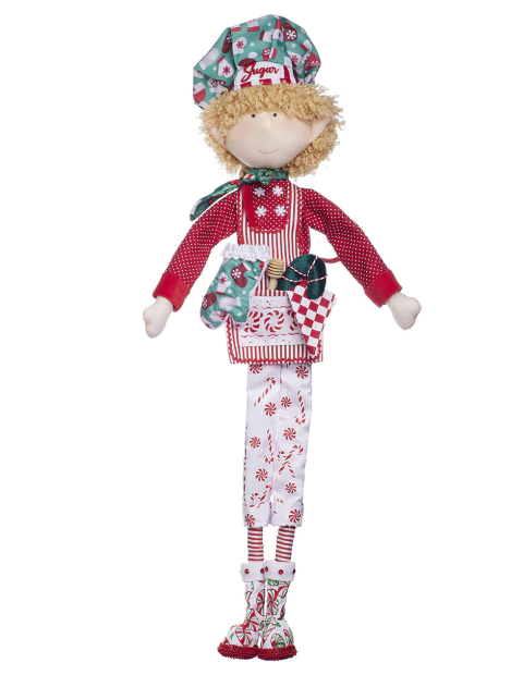 Muñeco de duende chef llamado "Sugar", con un gorro y un delantal decorados, sosteniendo una bolsa de dulces.